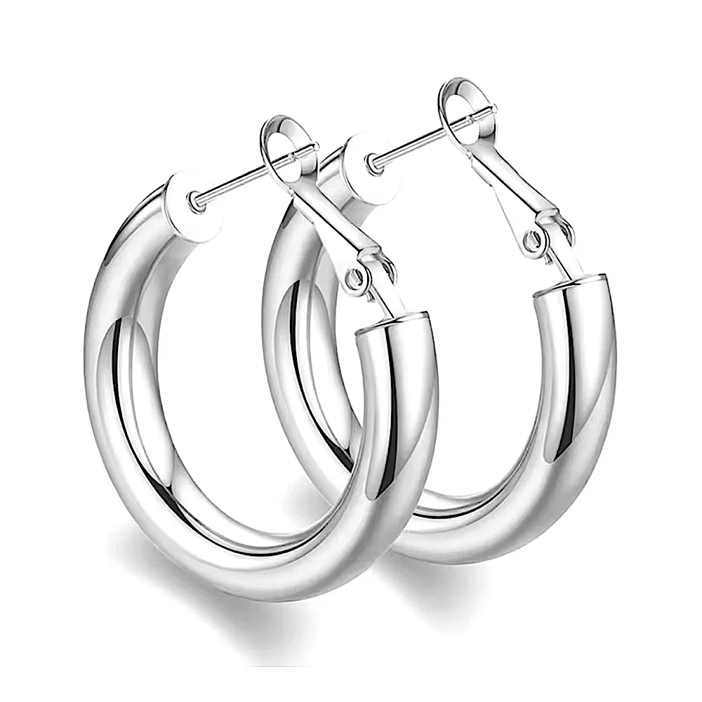 Large Tubular 18k‎ White Gold Filled Hoop Earrings, 30mm